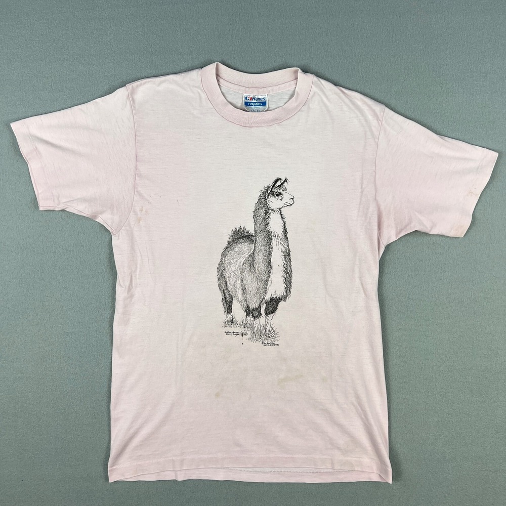 VTG Hanes Llama‎ Graphic T-Shirt Fits Small Single Stitch Animal Print 1987 USA